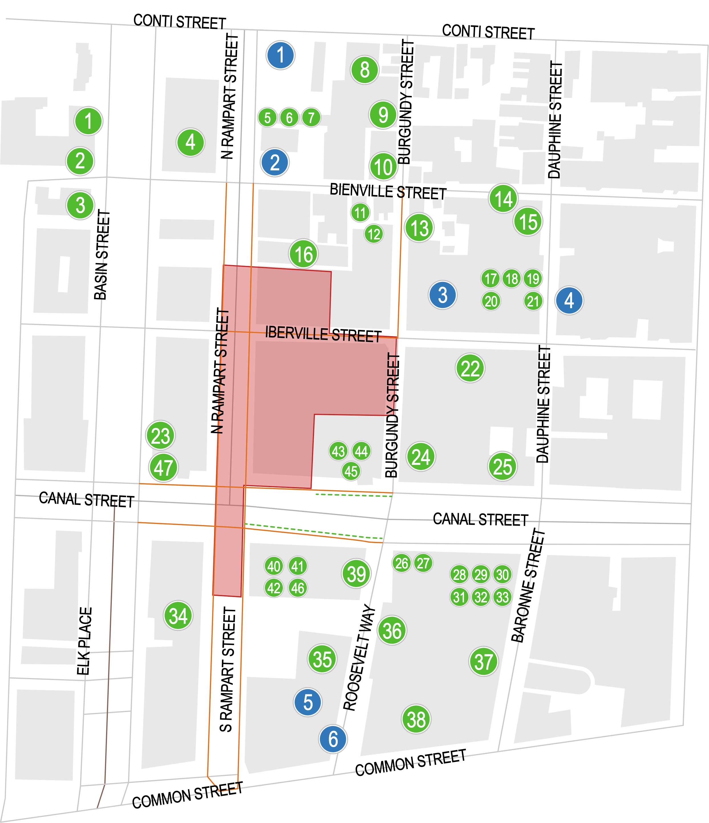 Map with open businesses around the Hard Rock Hotel site